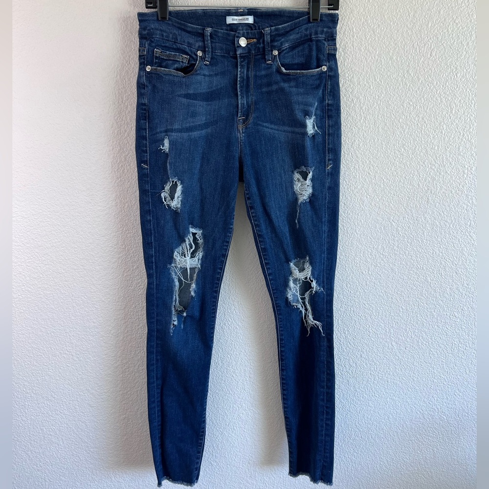 Good American Women's Good Legs Distressed‎ Raw Hem Blue Jeans
